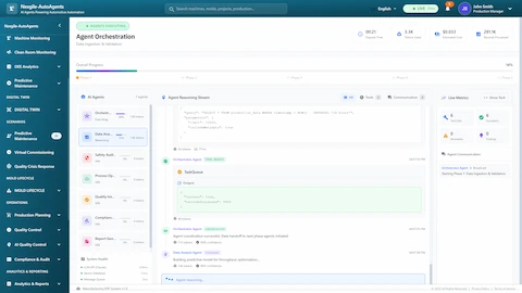 Agent orchestration execution view showing Phase 1 data ingestion with 7 agents, real-time reasoning streams displaying SQL queries and analysis logic, live performance metrics, and inter-agent communication tracking