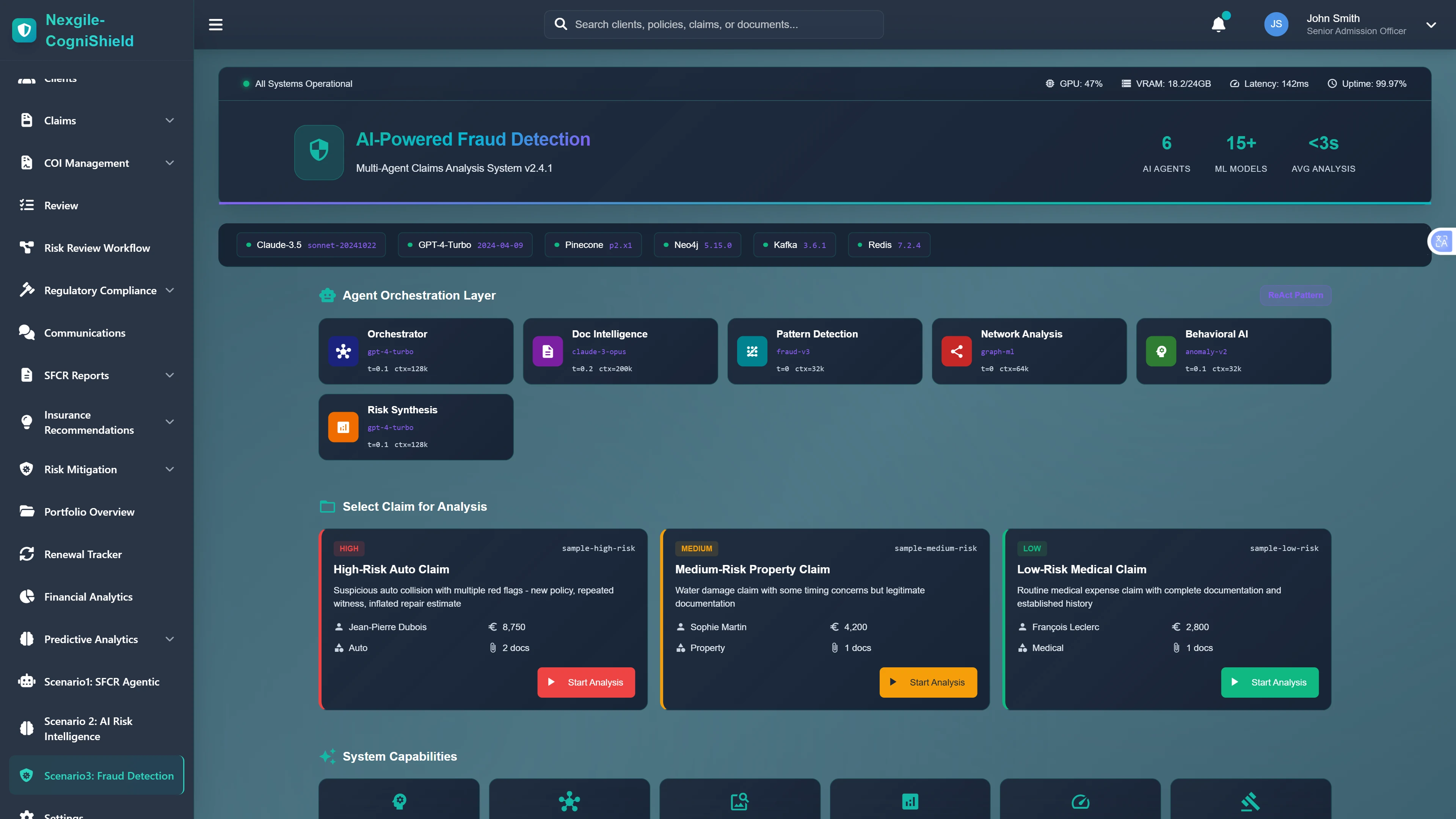 Fraud Detection Dashboard - Agent orchestration interface with claim prioritization showing high, medium, and low-risk cases for investigation