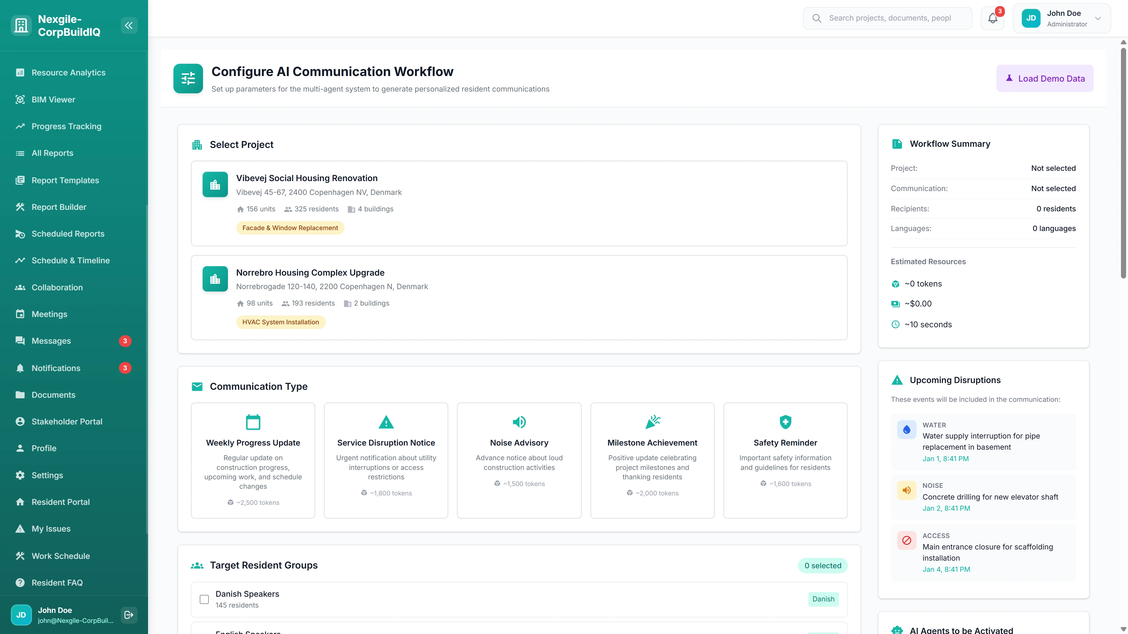 Configure AI Communication Workflow - Project selection, communication types, target resident groups, and upcoming disruptions panel