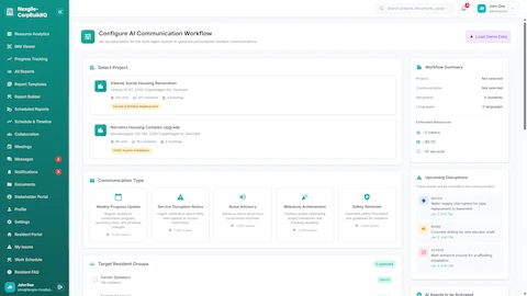 Configure AI Communication Workflow - Project selection, communication types, target resident groups, and upcoming disruptions panel