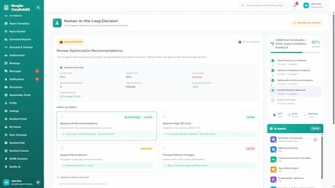 Human-in-the-Loop Decision - Review optimization recommendations with cost, carbon reduction, and ROI analysis