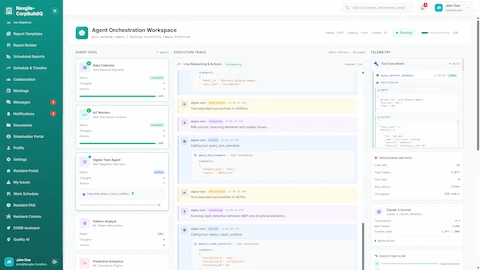 Agent Orchestration Workspace - Live execution trace showing Digital Twin BIM sync, clash detection, and processing metrics