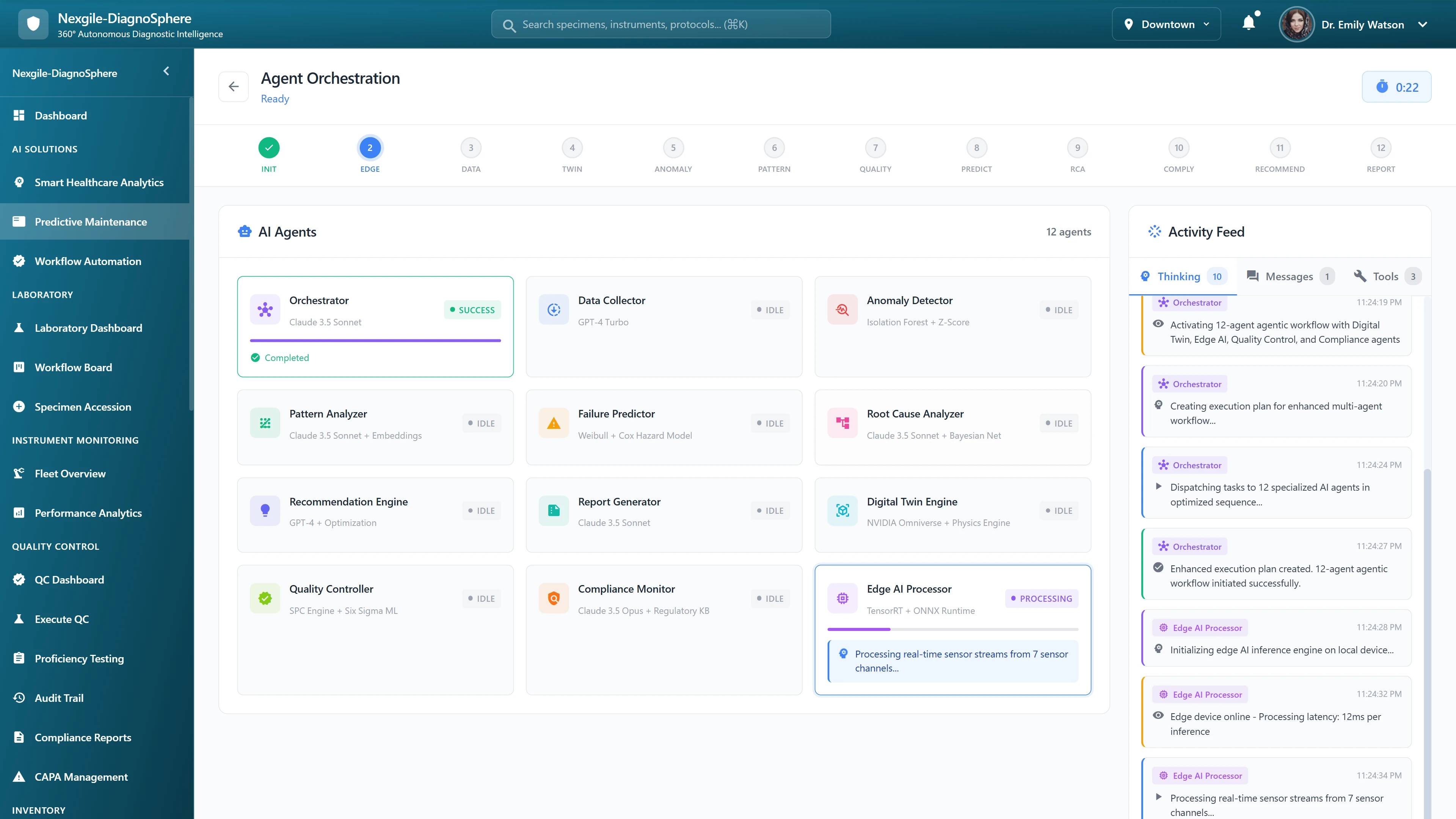 Agent Orchestration in Progress - Real-time coordination of 12 AI agents with live activity feed and processing status