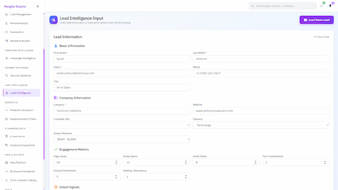Lead Intelligence Input - Comprehensive lead capture form with basic information, company details, engagement metrics, and intent signals for AI analysis