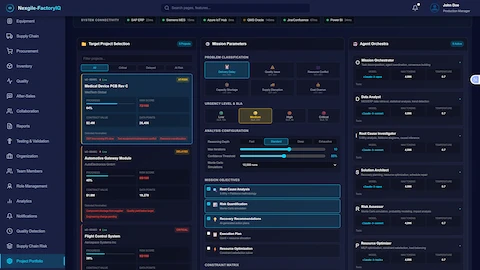 Project Rescue Mission Control - System connectivity status bar shows real-time integration with SAP ERP (23ms), Siemens MES (15ms), Azure IoT Hub (6ms), QMS Oracle (145ms), Jira/Confluence (67ms), and Power BI (34ms). Target project selection panel displays 5 active projects with risk status indicators, including Medical Device PCB Rev C (64% progress, $2.4M contract value, 28,406 data points, AT-RISK status), Automotive Gateway Module (45% progress, $1.8M contract value, DELAYED), and Flight Control System (38% progress, CRITICAL). Mission parameters section provides problem classification options (Delivery Delay, Quality Failure, Resource Conflict, Capacity Shortage, Supply Disruption, Cost Overrun), urgency level & SLA settings (Low, Medium-selected, High, Critical), and analysis configuration sliders for reasoning depth, max iterations, confidence threshold, and Monte Carlo simulations. Mission objectives checklist includes root cause analysis, risk quantification, recovery recommendations, execution plan, and resource optimization. Agent Orchestra panel shows 6 active agents (Mission Orchestrator, Data Analyst, Root Cause Investigator, Solution Architect, Risk Assessor, Resource Optimizer) with their LLM configurations.