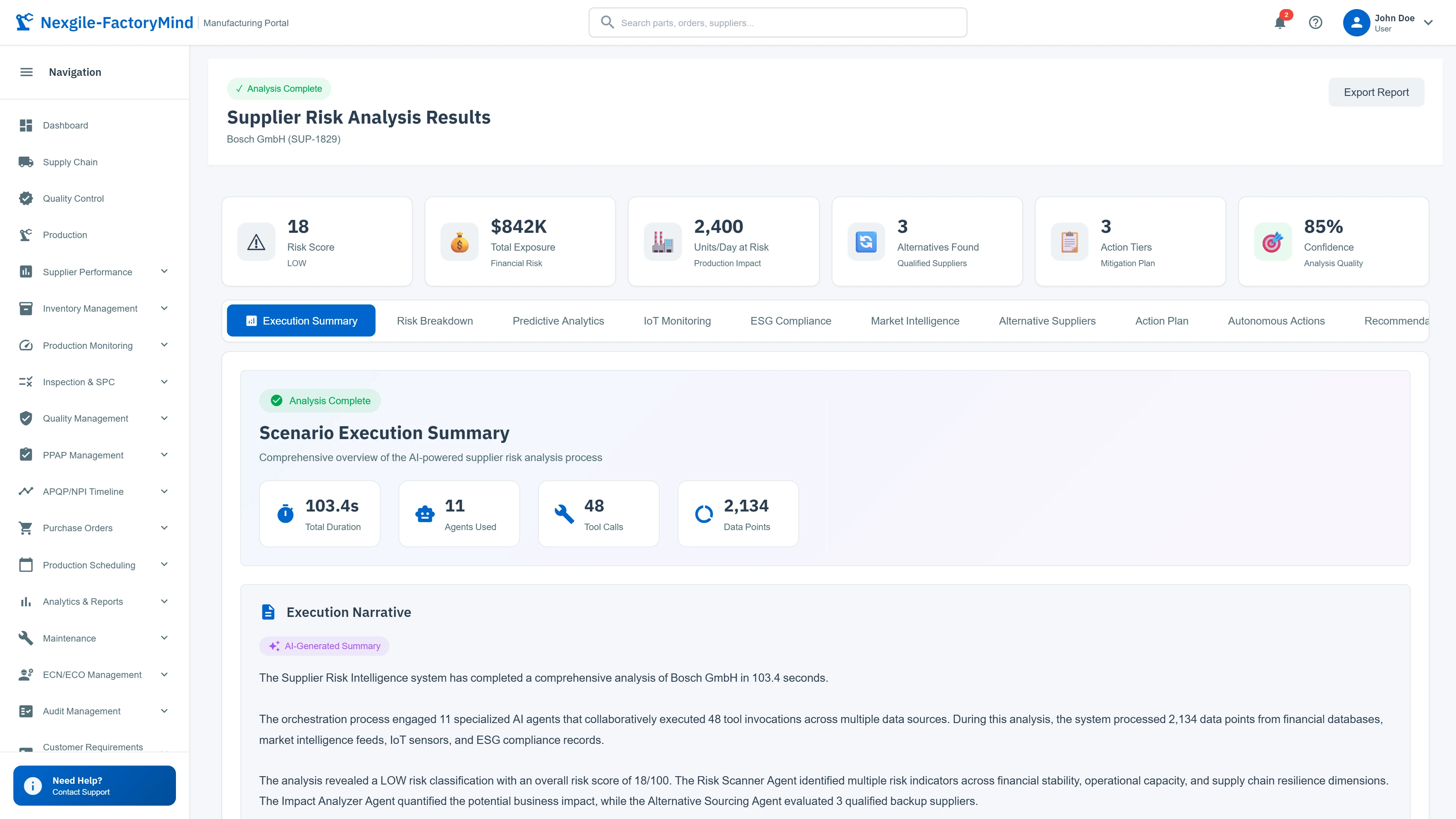 Risk analysis results showing risk score, financial exposure, and AI-generated narrative