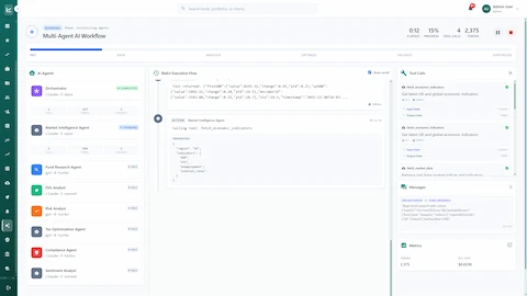 Multi-Agent AI Workflow initialization interface showing 8 specialized agents (Orchestrator, Market Intelligence, Fund Research, ESG Analyst, Risk Analyst, Tax Optimization, Compliance, Sentiment Analyst) with ReAct Execution Flow displaying real-time tool calls and market data retrieval parameters