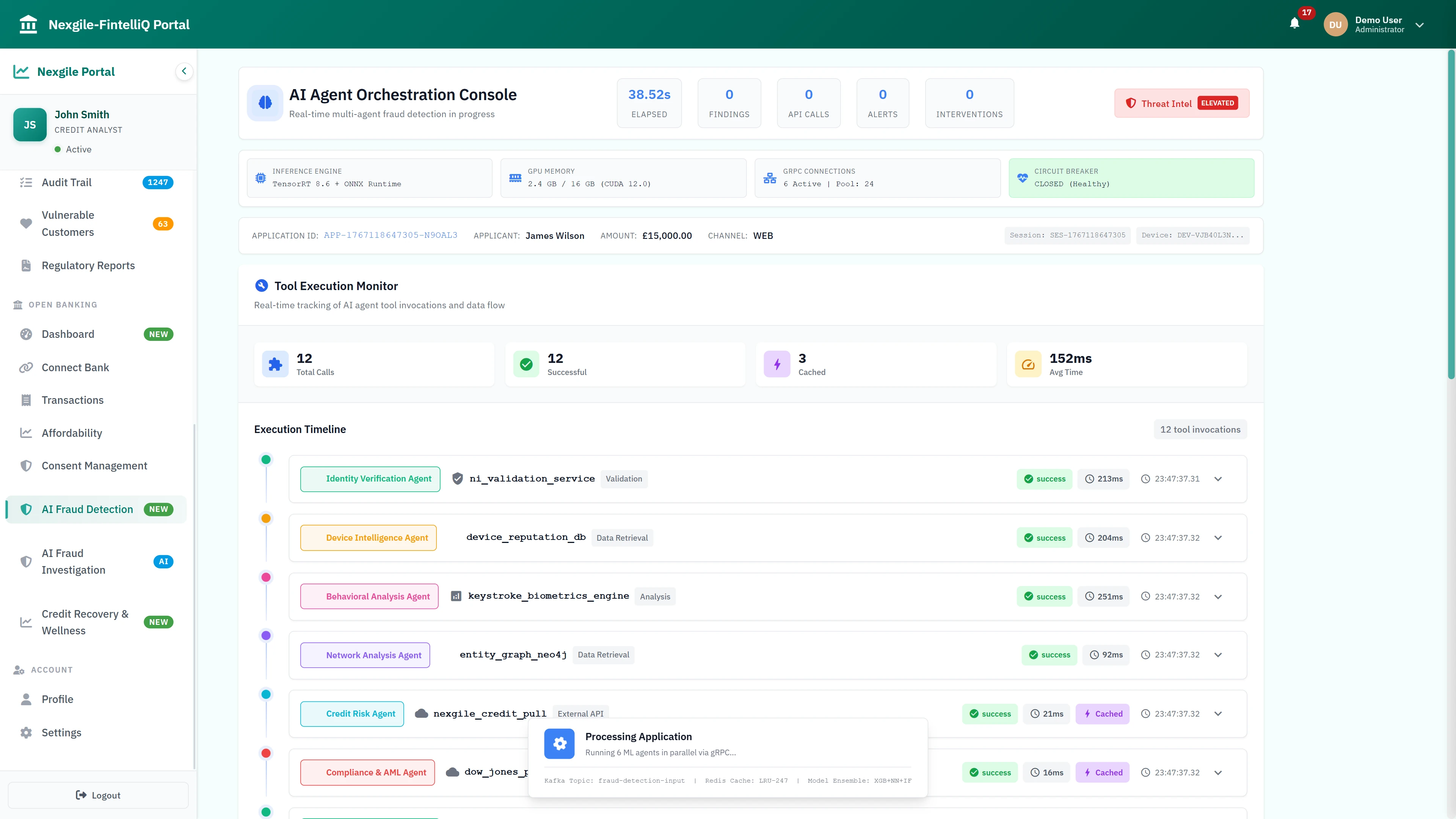 AI Agent Orchestration Console - Real-time multi-agent fraud detection with tool execution monitoring and agent activity tracking
