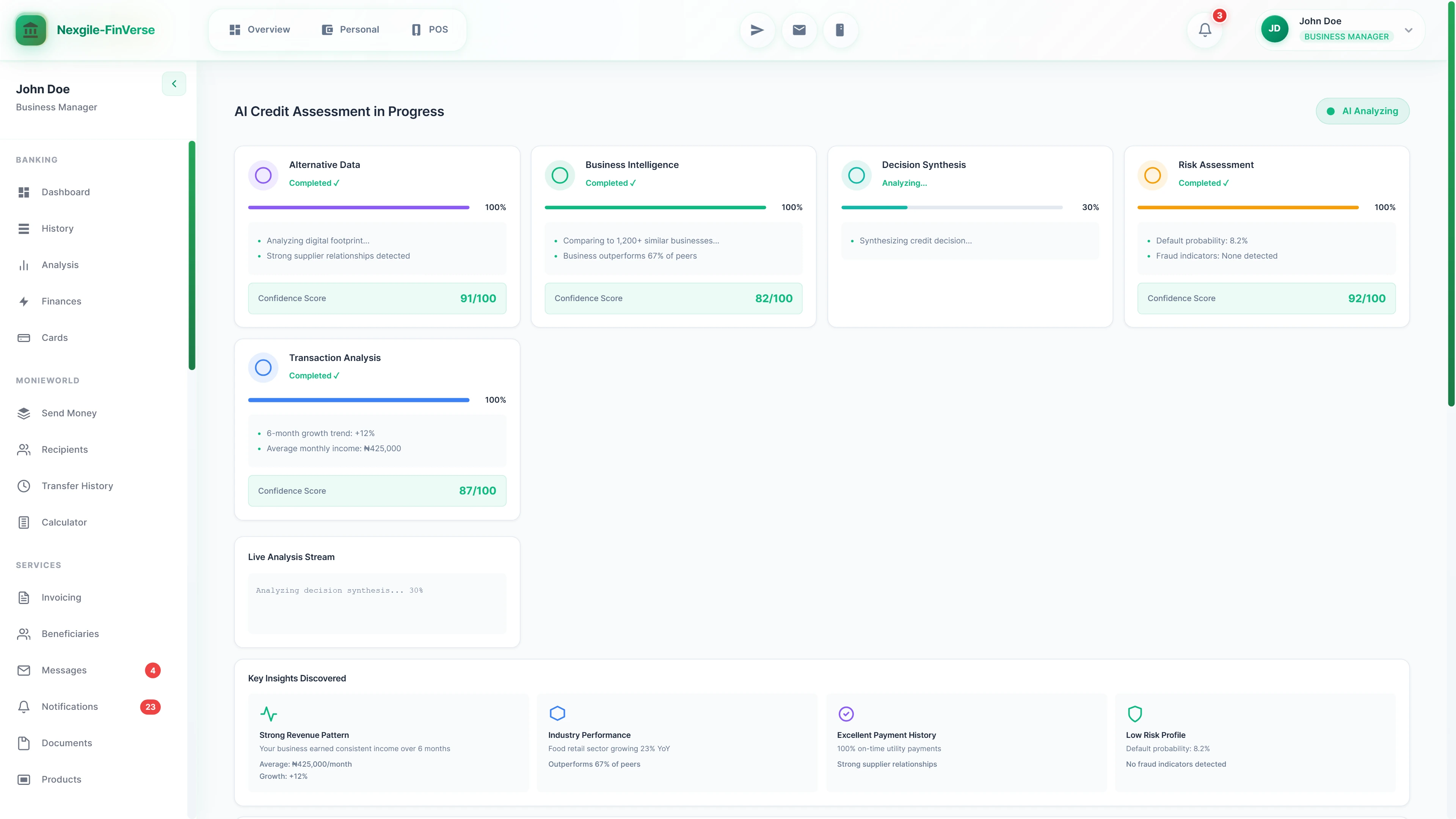 Multi-agent analysis dashboard showing five AI agents (Alternative Data, Business Intelligence, Decision Synthesis, Transaction Analysis, Risk Assessment) processing in parallel with confidence scores, live analysis stream, and key insights discovered including revenue patterns and risk profile