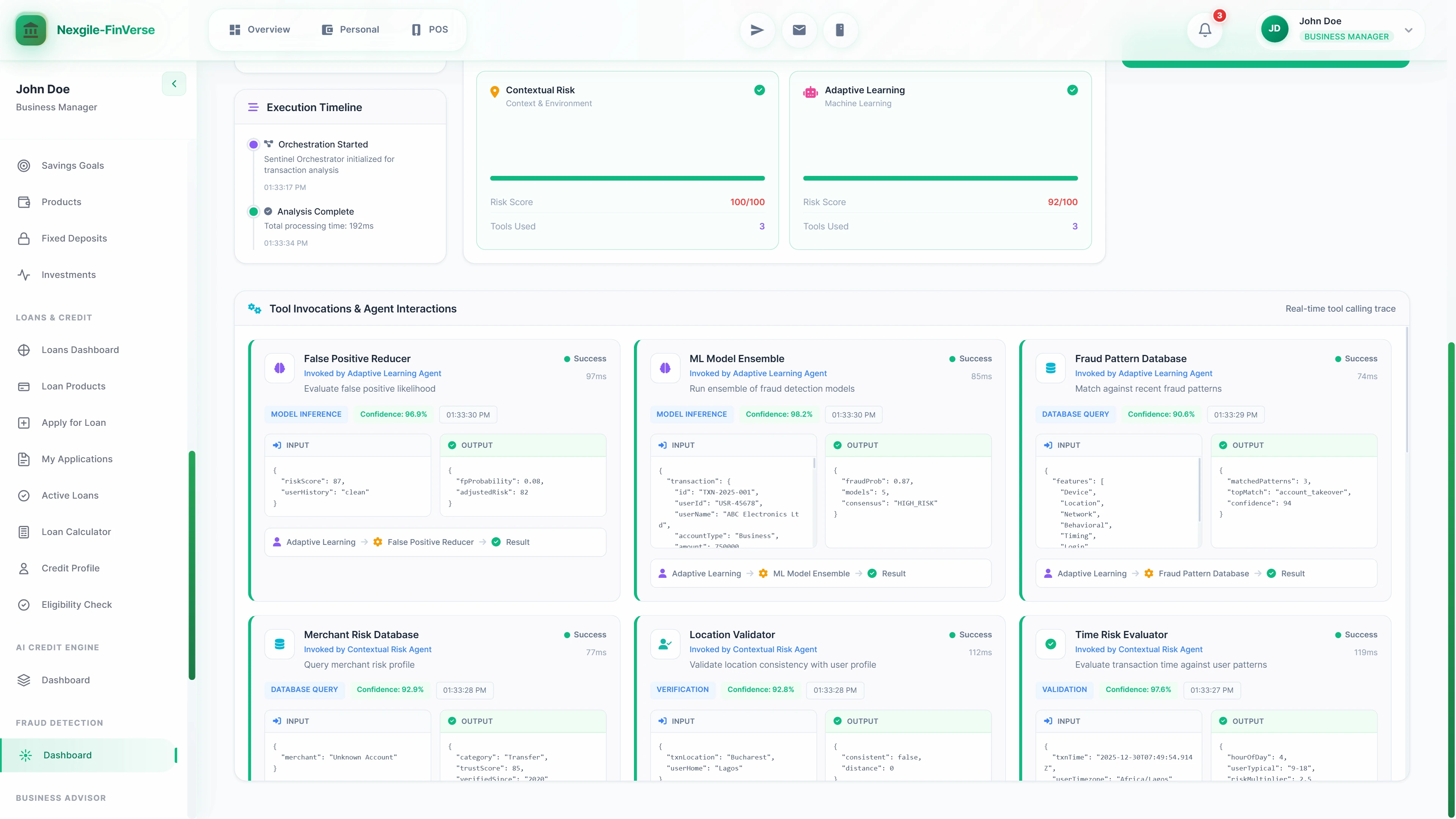 Tool Invocations and Agent Interactions view showing real-time tool calling trace with detailed input/output JSON for False Positive Reducer, ML Model Ensemble, Fraud Pattern Database, Merchant Risk Database, Location Validator, and Time Risk Evaluator with confidence percentages