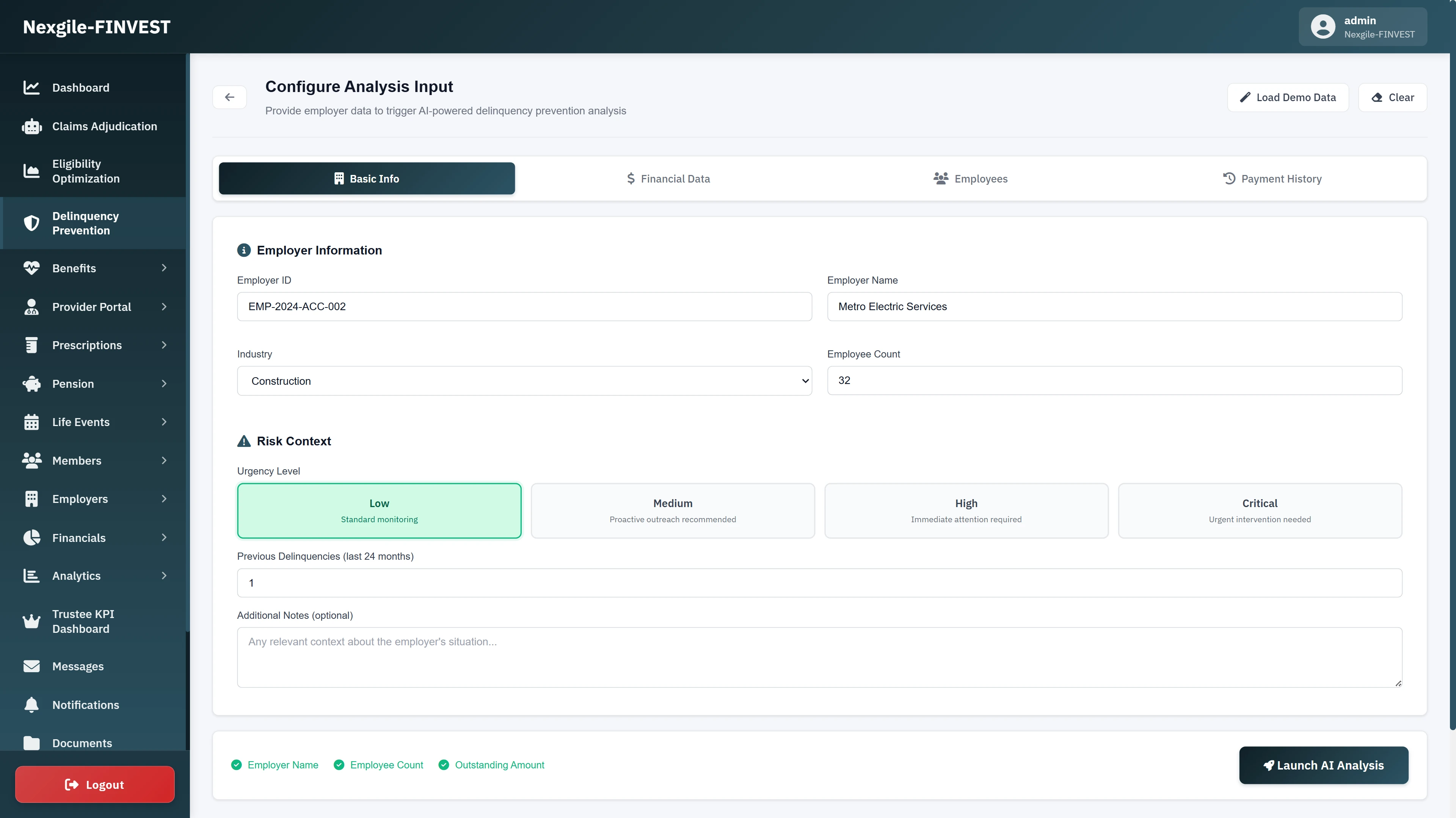 Configure Analysis Input form for employer delinquency prevention showing employer information fields (ID, name, industry, employee count), risk context with urgency level selection (Low/Medium/High/Critical), previous delinquency history tracking, and Launch AI Analysis action button