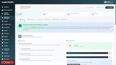 Analysis Results Summary showing LOW risk level (30/100 score), 29% delinquency probability, 91% AI confidence, key findings (Payment History Analyzed, Cash Flow Forecasted, Solutions Personalized, Compliance Verified), and recommended Flexible 3-Month Payment Plan with model accuracy metrics