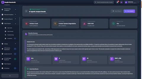 Comprehensive analysis results presenting defect identification, root cause determination, financial impact assessment, and actionable recommendations with high confidence scores