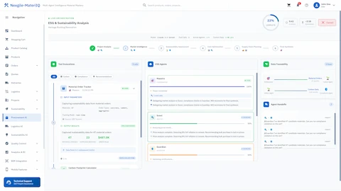 ESG and sustainability analysis dashboard showing carbon footprint metrics, certifications, and agent recommendations