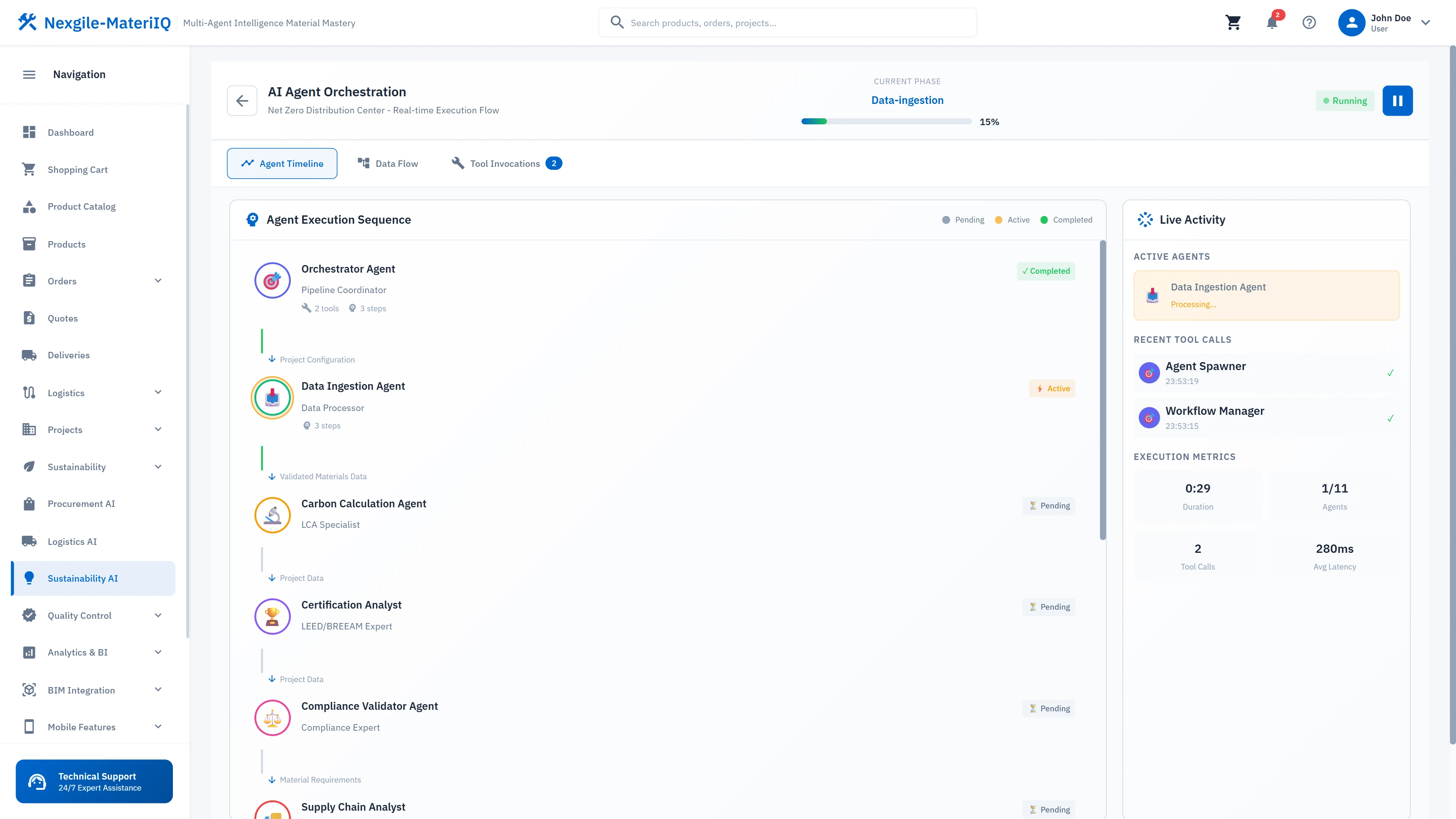 DAG-based agent execution flow showing orchestrator coordination, tool invocations, and real-time processing status