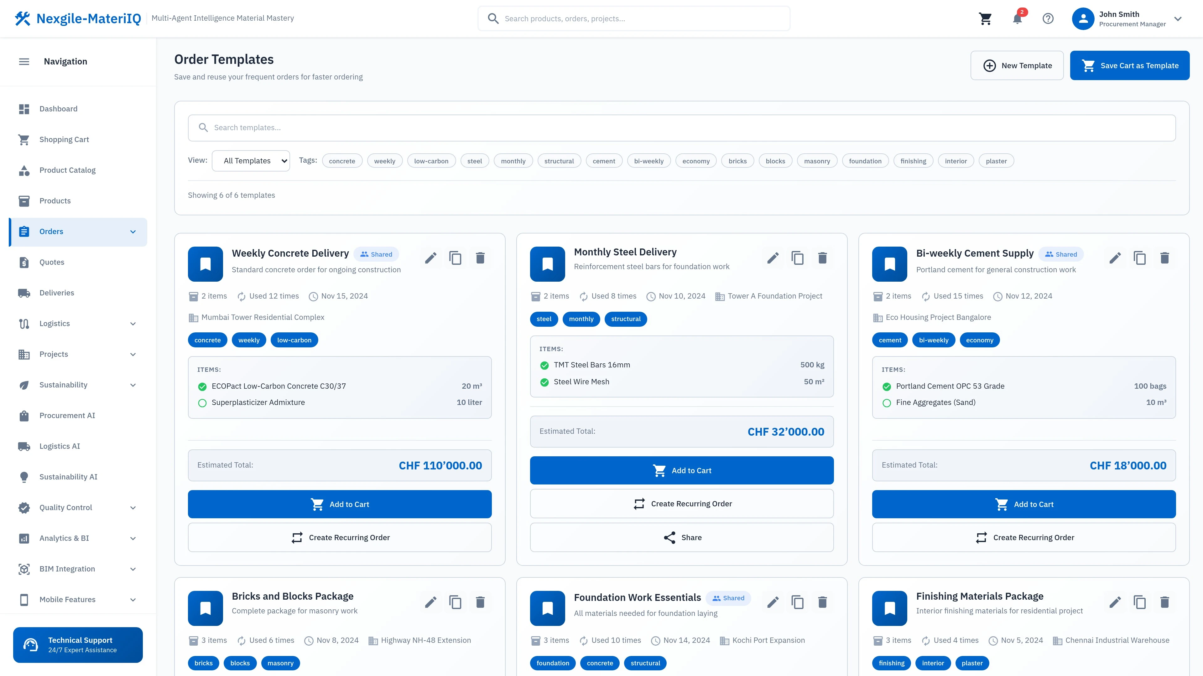 Order Templates - Reusable order templates for streamlined material procurement