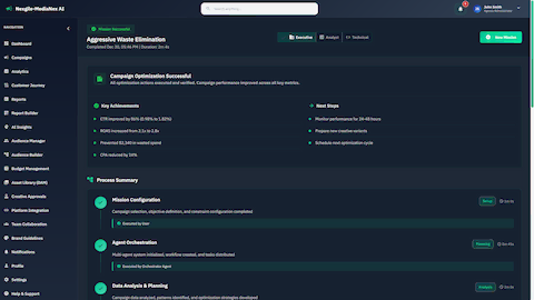 Mission success summary displaying key achievements and process execution timeline