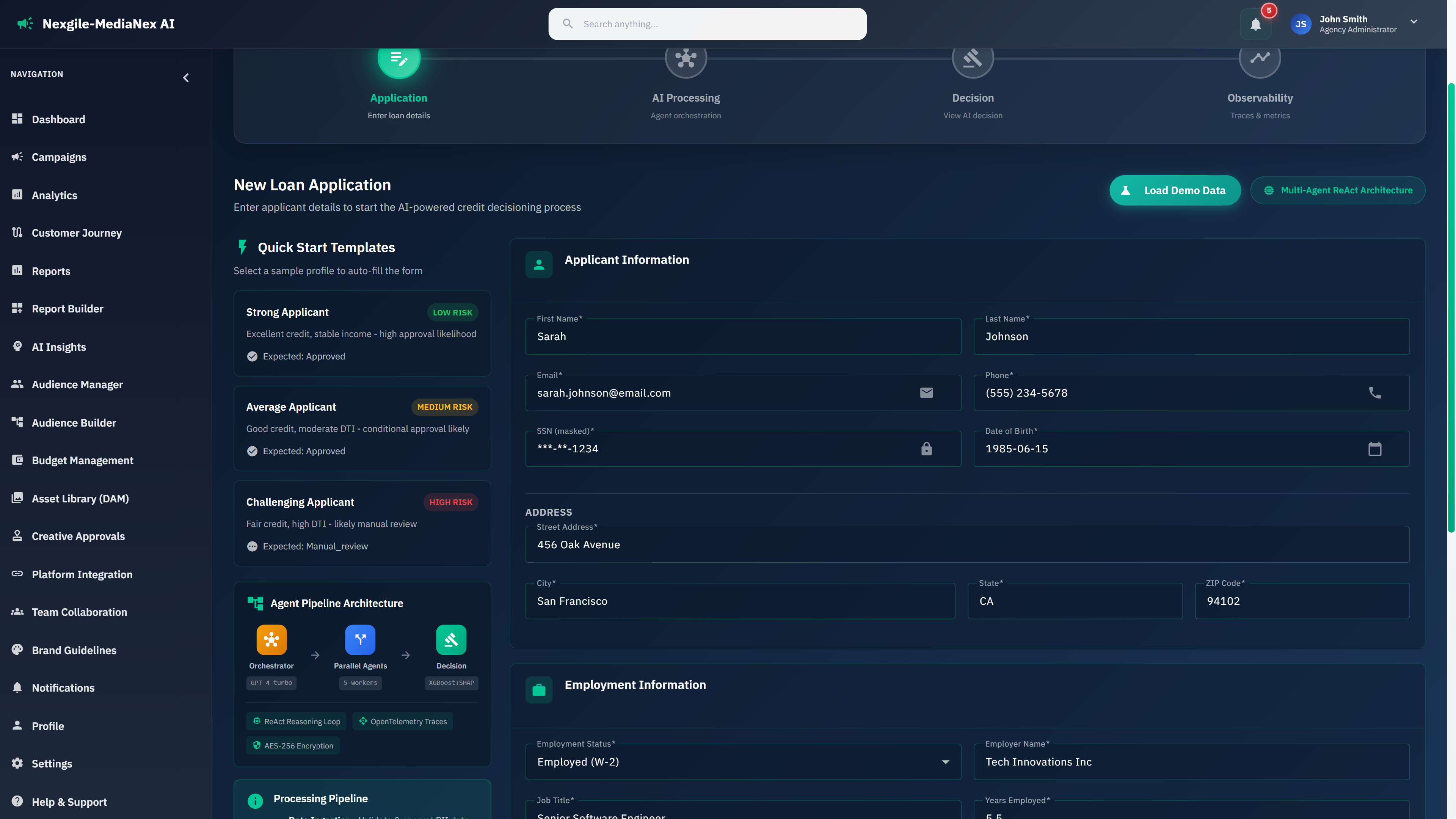 New loan application interface with applicant information input and multi-agent ReAct architecture display
