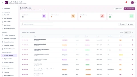 Incidents List - Healthcare incident management and reporting interface