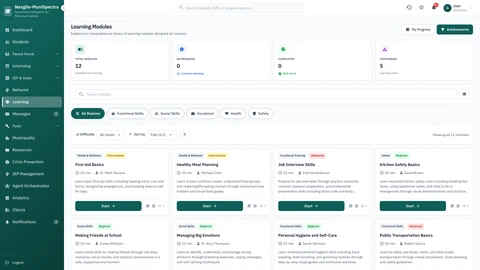 Learning Modules Interface - Interactive module navigation and course management