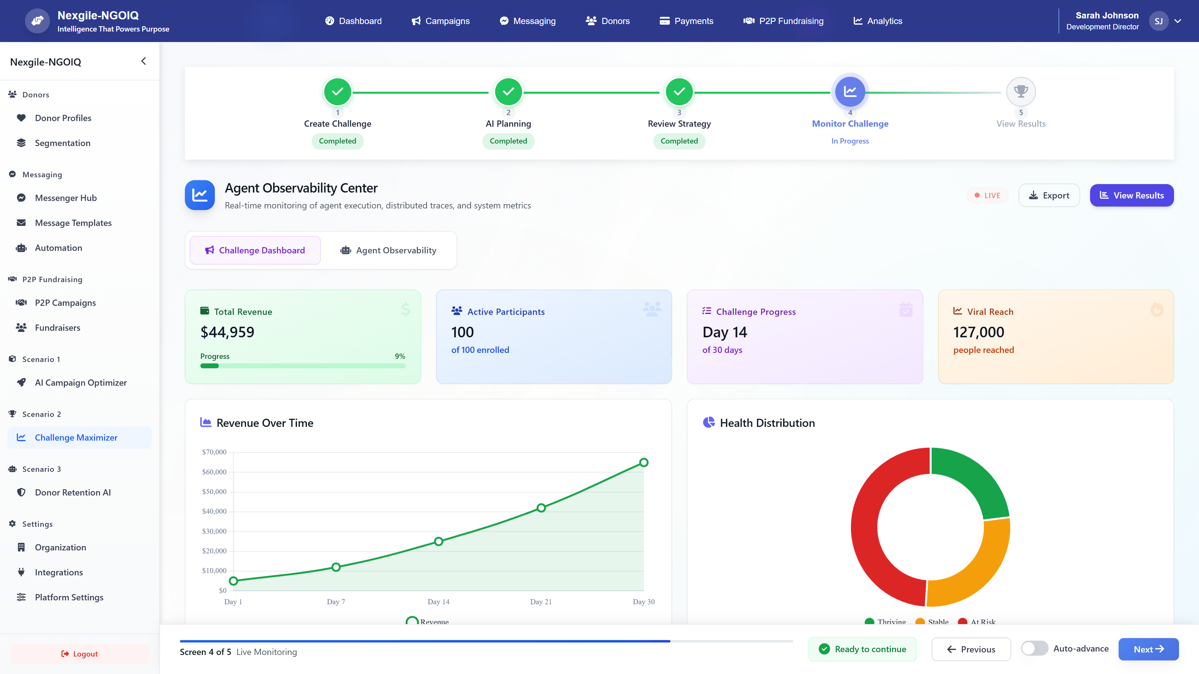 Agent Observability Center - Real-time challenge monitoring dashboard with revenue tracking, participant health distribution, and viral reach metrics