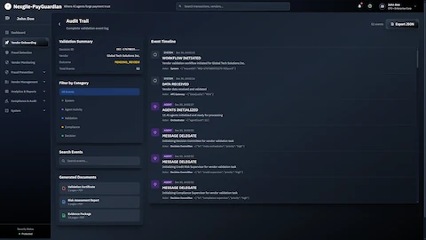 Audit Trail - Complete validation event log with 52 events showing workflow timeline, agent initialization, message delegation activities, filterable event categories, and generated compliance documents (Validation Certificate, Risk Assessment Report, Evidence Package)