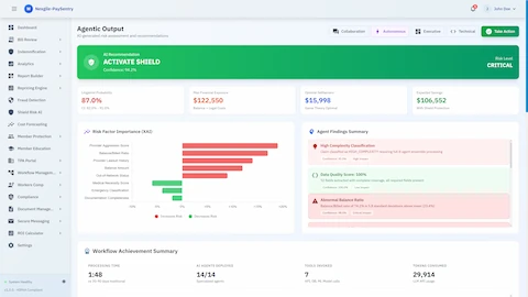 Agentic Output - Shield activation recommendation with 87% litigation probability, financial exposure analysis, optimal settlement calculation, and explainable AI risk factor importance