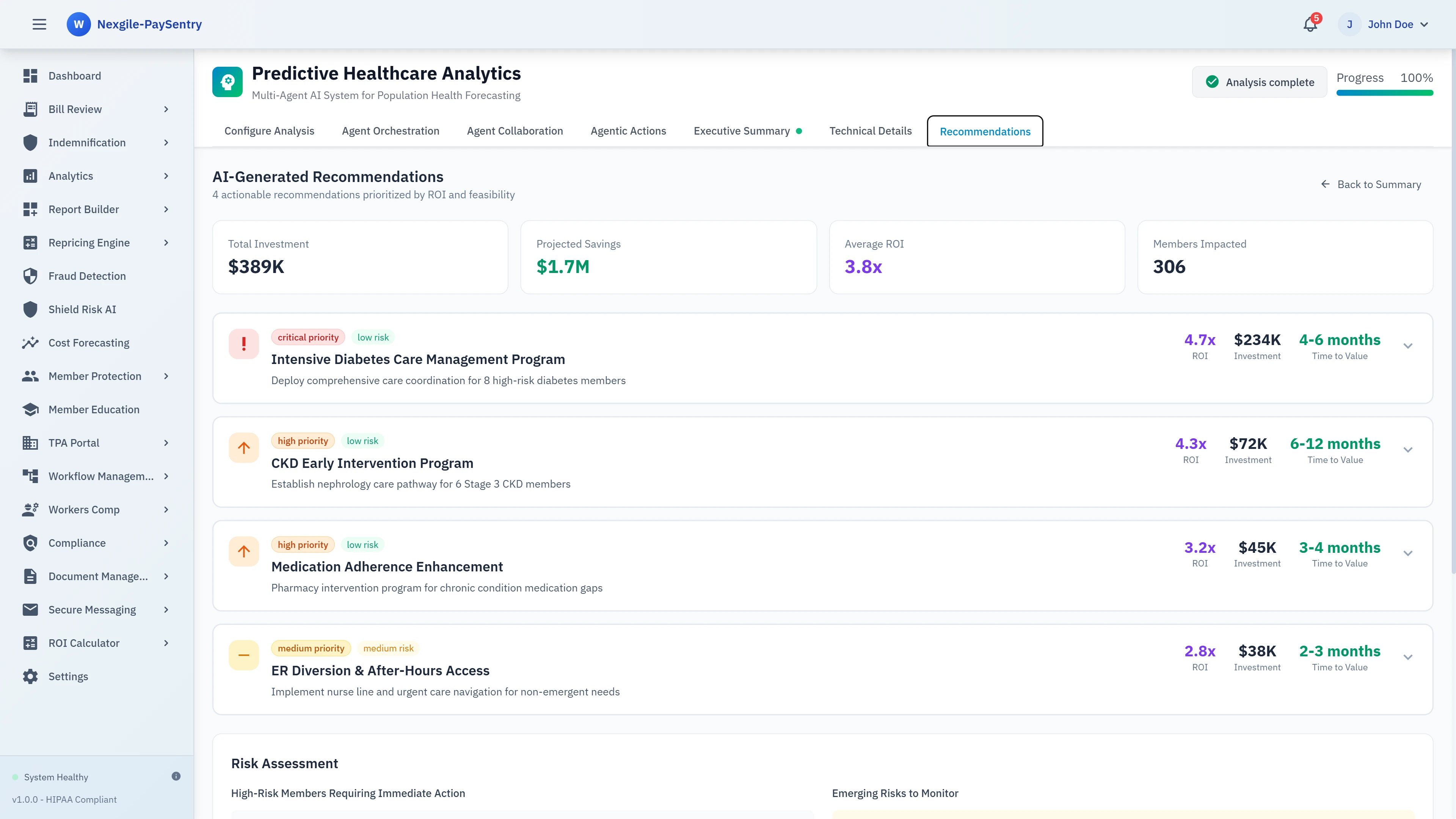 AI-Generated Recommendations - Prioritized intervention programs with ROI analysis, investment requirements, and time-to-value estimates for diabetes care, CKD intervention, and medication adherence