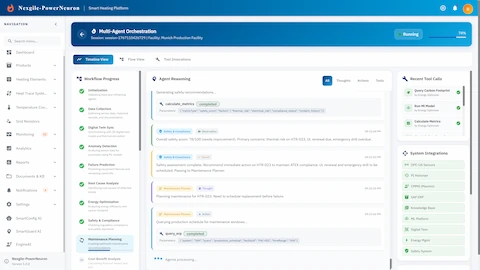 Multi-Agent Orchestration view with workflow progress and agent reasoning timeline.