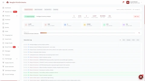 Analysis running view showing Phase 1 of 7 (Initialization & Data Collection) with live execution log, Master Orchestrator reasoning steps, and Quality Validator Agent processing inventory transactions and supplier data.