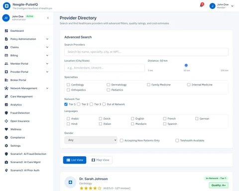 Provider Directory - Comprehensive provider search with geolocation-based filtering and quality ratings