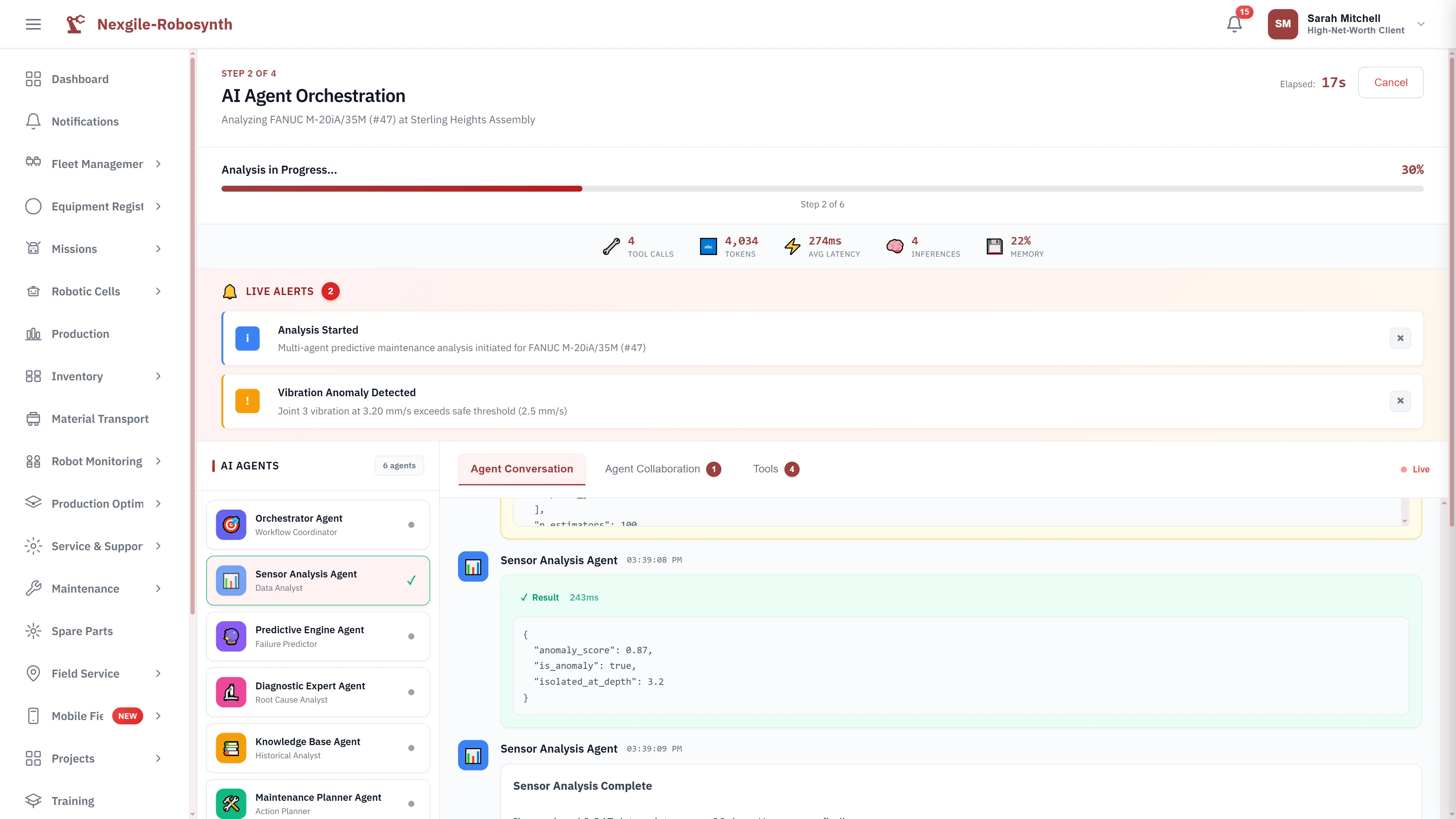 Multi-agent orchestration dashboard tracking real-time analysis progress with six specialized AI agents collaborating on predictive maintenance