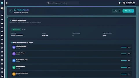 Mission Results Summary - Completed optimization analysis with agent execution performance metrics and confidence scores