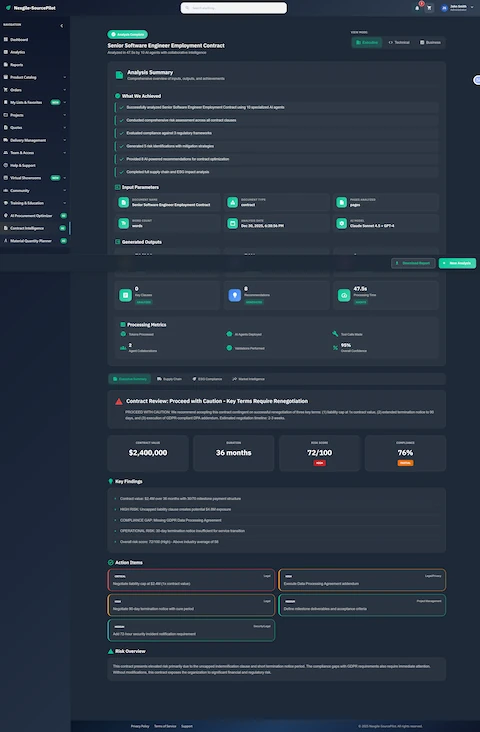 Comprehensive contract analysis results with key findings, risk scores, compliance status, and actionable recommendations