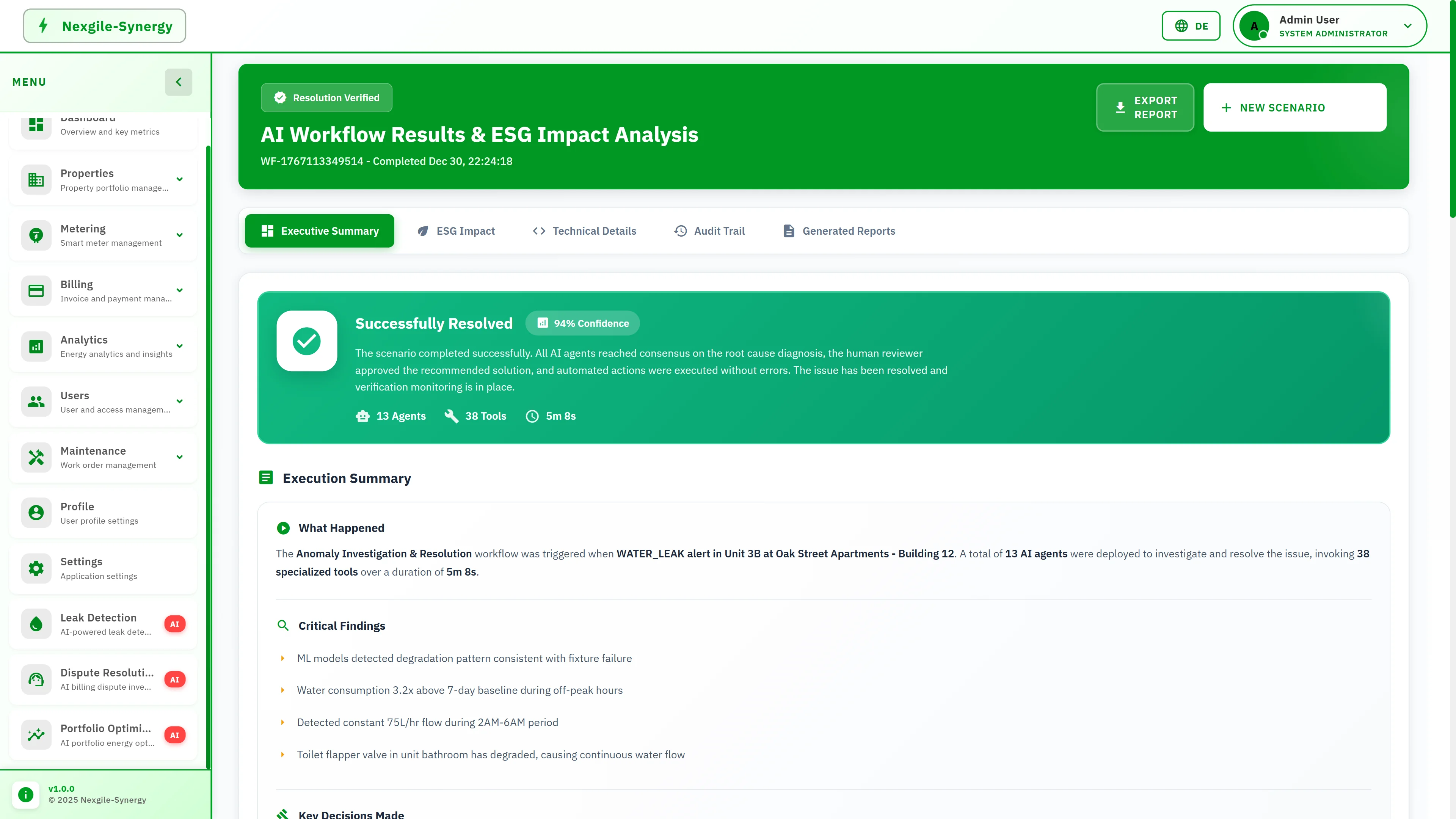 AI Workflow Results and ESG Impact Analysis showing successful resolution with 13 agents, 38 tools executed in 5 minutes, critical findings, and execution summary.