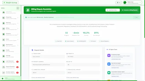 Billing Dispute Resolution interface showing 11 AI agents with ~8min resolution time, 98.2% accuracy metrics, dispute details form, and AI agent team panel with specialized roles.