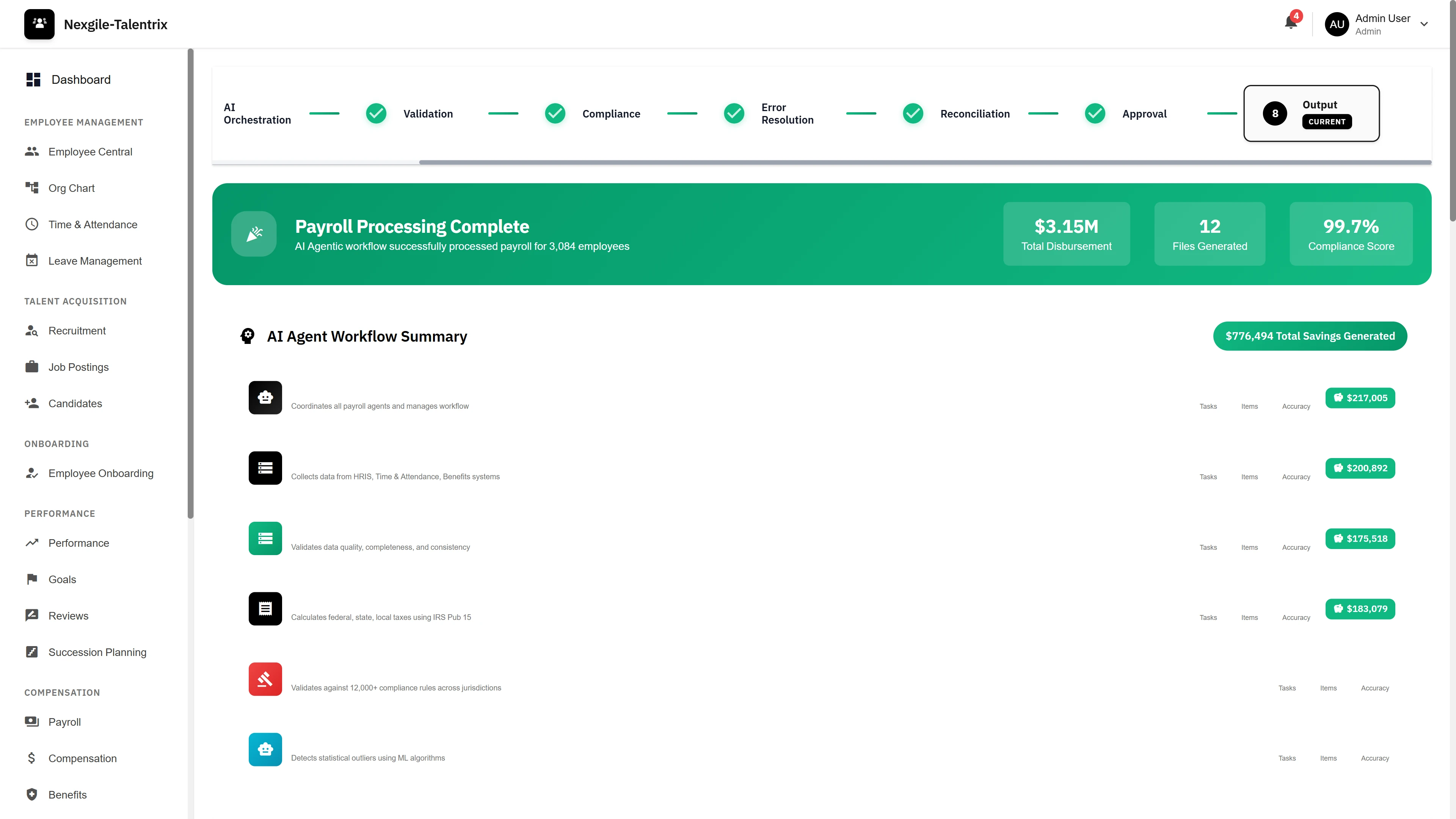 Payroll Processing Complete - AI workflow summary showing total disbursement, files generated, compliance score, and agent-by-agent savings breakdown