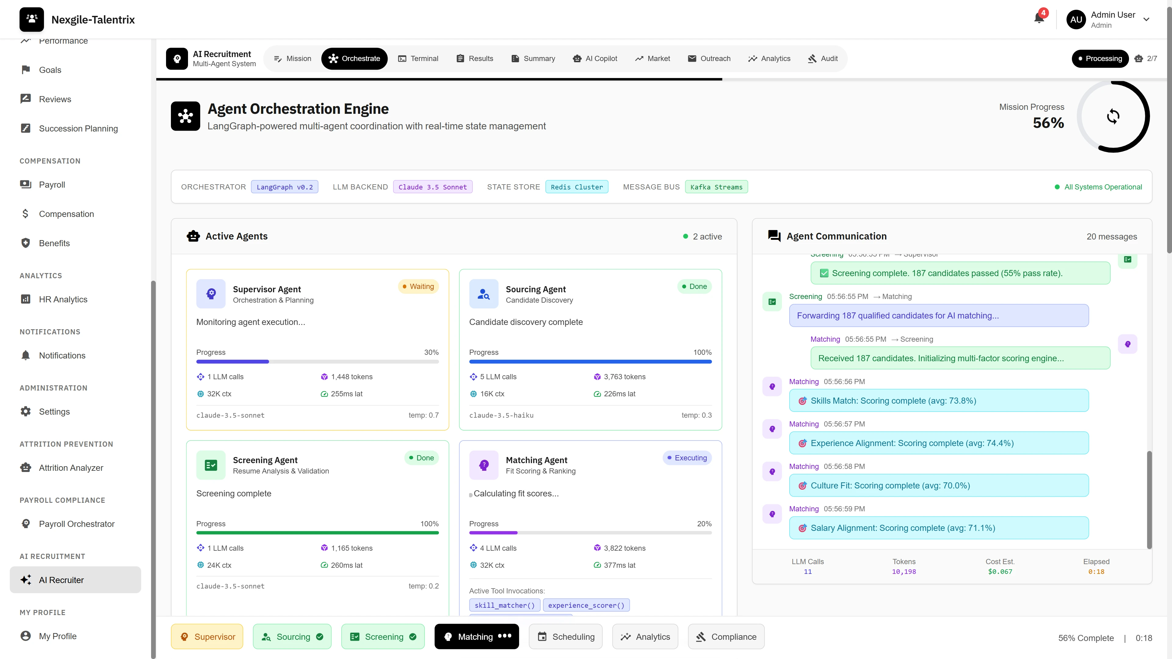 Agent Orchestration Engine - Real-time multi-agent coordination showing Supervisor, Sourcing, Screening, and Matching agents with progress tracking and agent communication stream