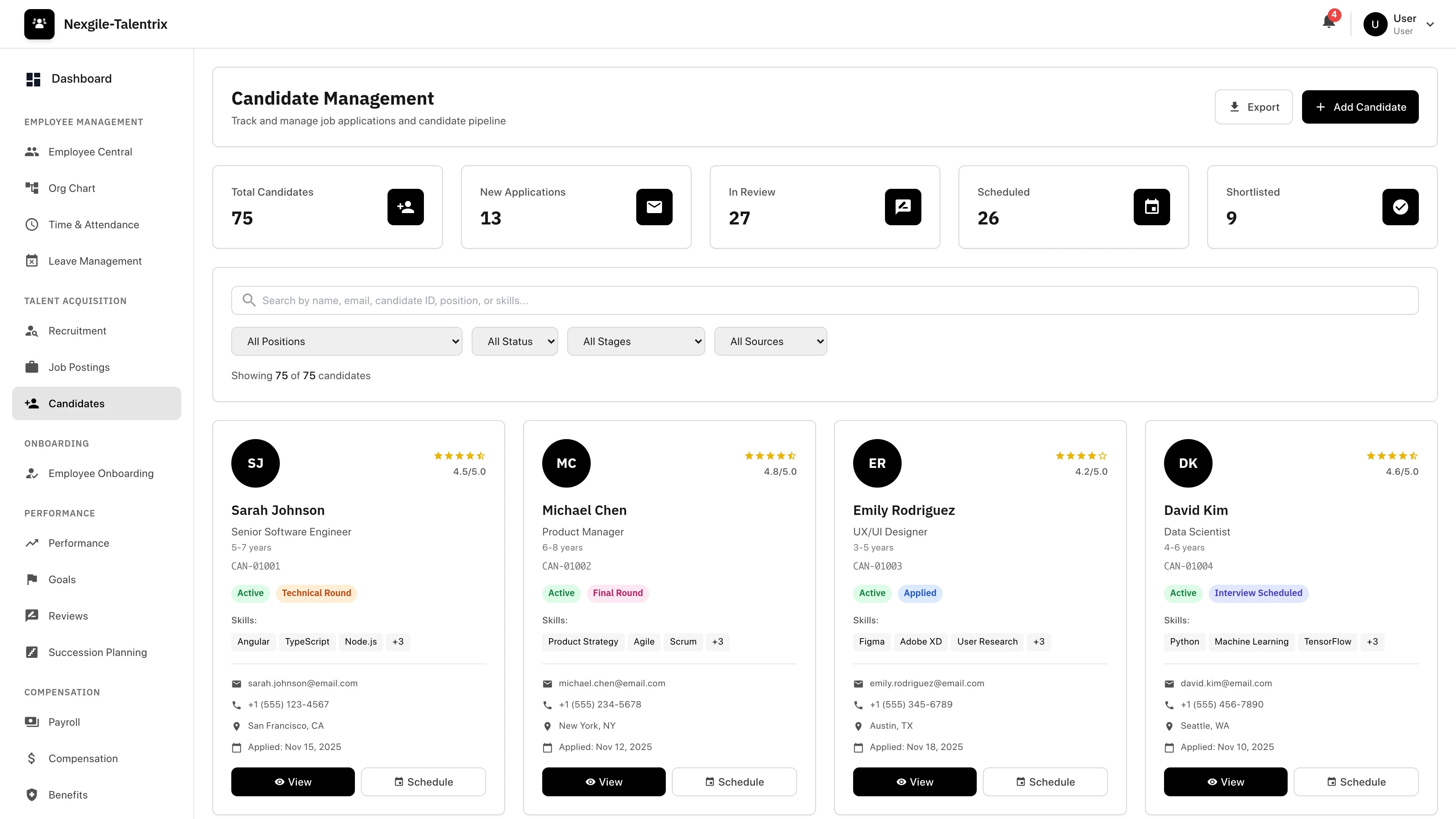 Candidates Portal - AI-powered talent acquisition interface with intelligent candidate matching, comprehensive screening workflows, and recruitment analytics