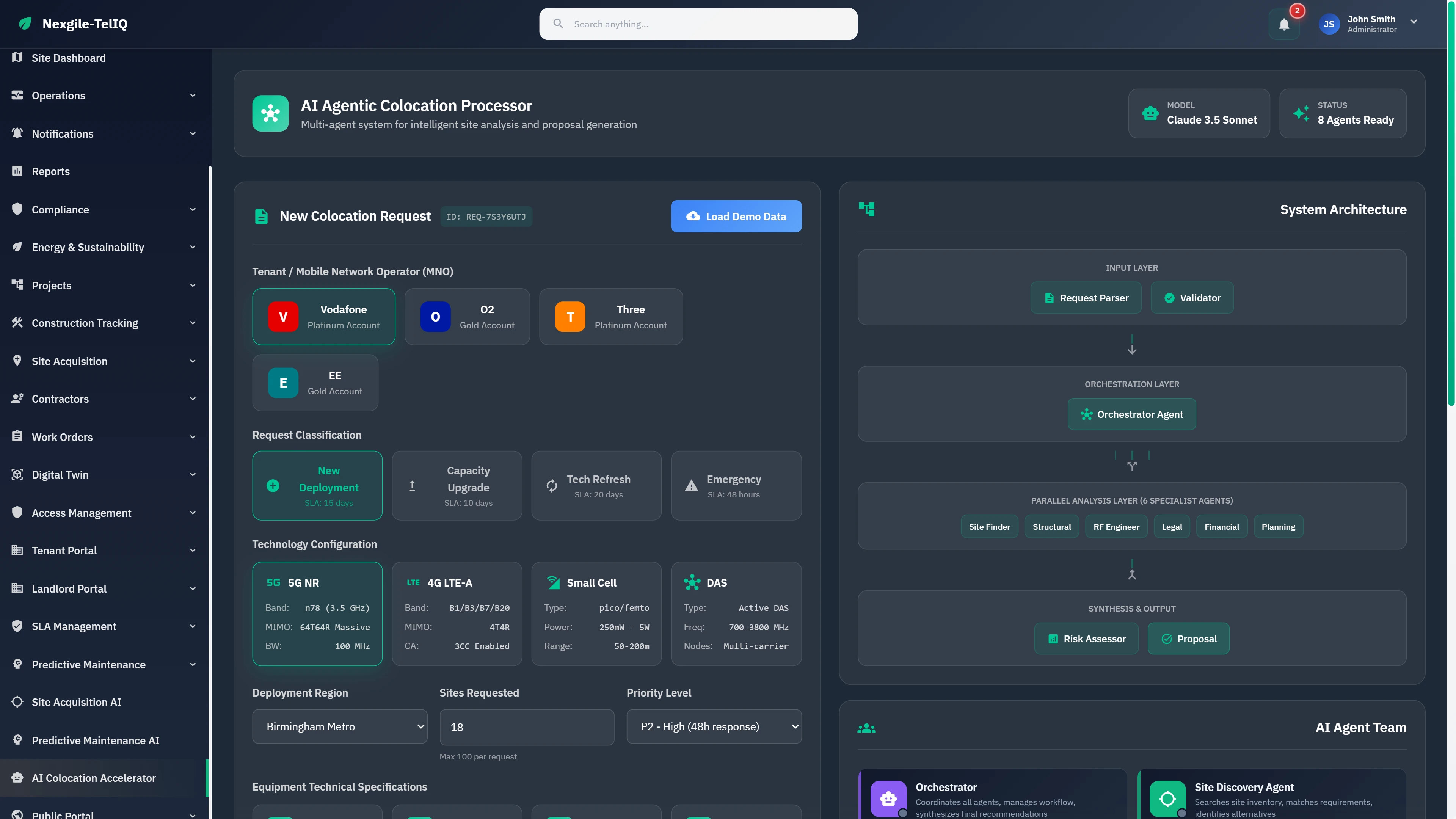 Colocation Request processor with tenant selection, technology configuration, deployment parameters, and system architecture visualization