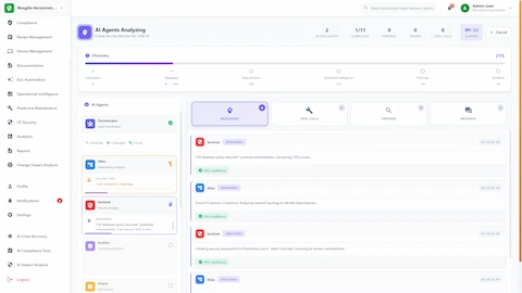 Live multi-agent analysis execution showing real-time agent reasoning, tool invocations, and dependency mapping across 6 workflow phases