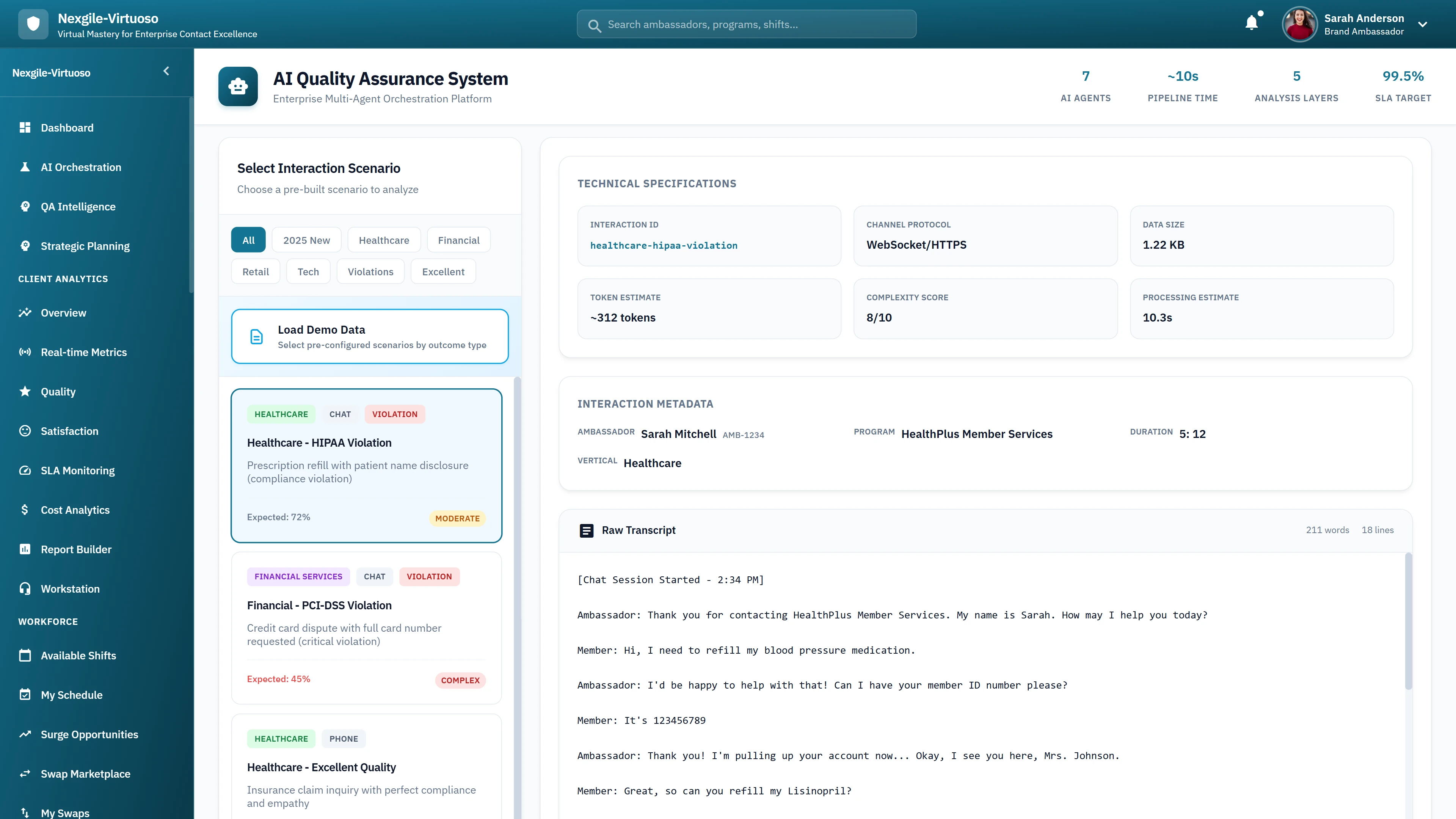 AI Quality Assurance System - Select Interaction Scenario with Healthcare-HIPAA and Financial-PCI-DSS violation samples, technical specifications, and raw transcript preview
