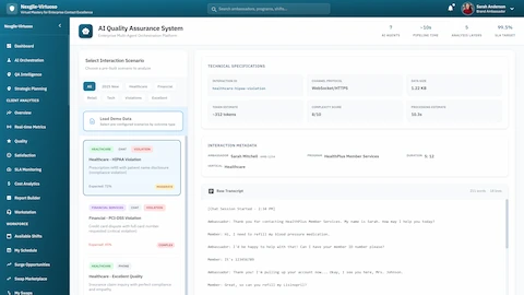 AI Quality Assurance System - Select Interaction Scenario with Healthcare-HIPAA and Financial-PCI-DSS violation samples, technical specifications, and raw transcript preview
