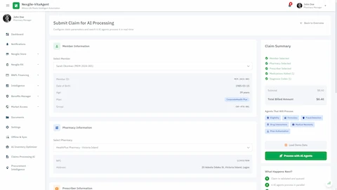 Claim Submission - Configure member, pharmacy, and prescriber information with real-time agent assignment showing 6 AI agents ready to process the claim