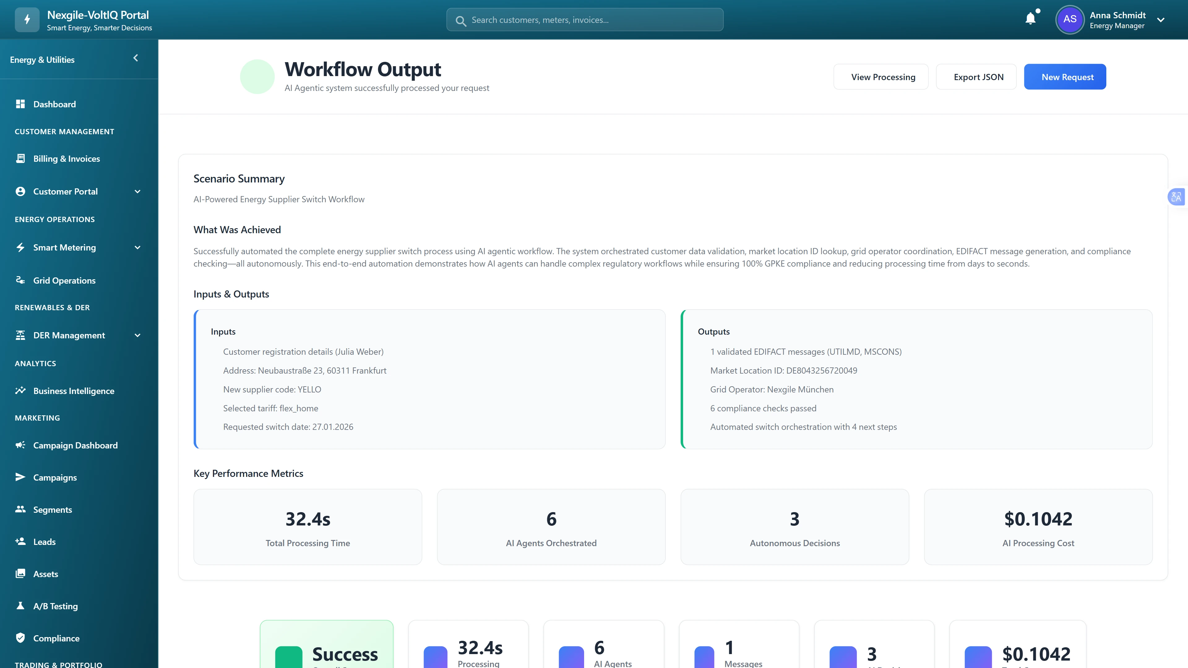 Workflow completion summary with EDIFACT message generation and GPKE compliance verification
